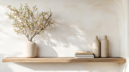 Serene shelf setup featuring vase with flowers, books, and decorative vases creates calming