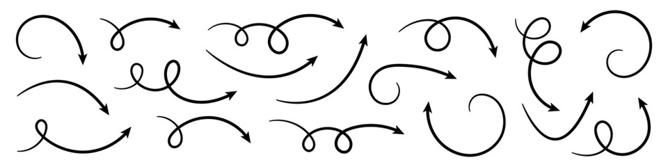 Hand Drawn Curved Arrows Set. Sketch Style Hand Drawn Arrows.