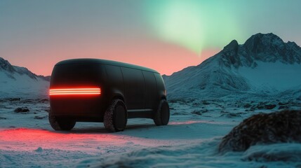 An innovative, sleek van positioned in a snowy landscape under the northern lights, highlighting the harmony of technology and nature in a breathtaking scene.