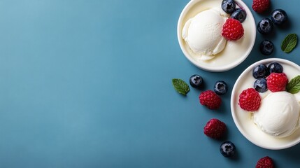 Two bowls of creamy vanilla ice cream topped with fresh raspberries and blueberries, creating an inviting and delicious dessert scene that delights the senses.