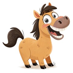 Cheerful Cartoon Horse on White Background, Smiling Animal