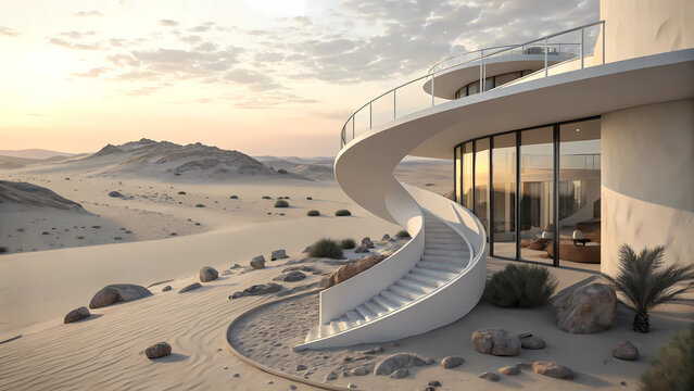 Futuristic desert home architecture design with spiral staircase and glass windows in sand dunes landscape - Powered by Adobe