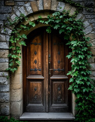 Fototapeta premium A wooden door in a stone wall is entwined with green plants.