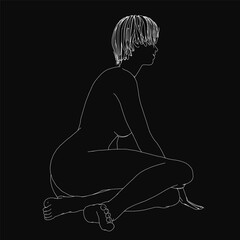A black contour sketch of a young woman sitting on the floor, legs crossed, with clean line art and minimal details. The simple yet expressive drawing captures a relaxed pose, emphasizing fluid.