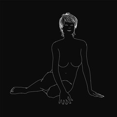 A nude woman with short hair lies on the ground, smiling, depicted as a white line art vector illustration on a black background. The minimalist contour drawing captures her relaxed pose and joyful.