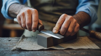 Adult male sharpening knife on whetstone with focused precision at workshop
