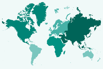Map of the World. Just a simple border map with continent division. Teal color palette. Plain map with administrative division. Vector illustration.