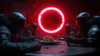 A group of astronauts share a meal on an alien landscape, illustrating camaraderie amid exploration, humanizing the experience of space travel with a surreal yet vibrant backdrop.