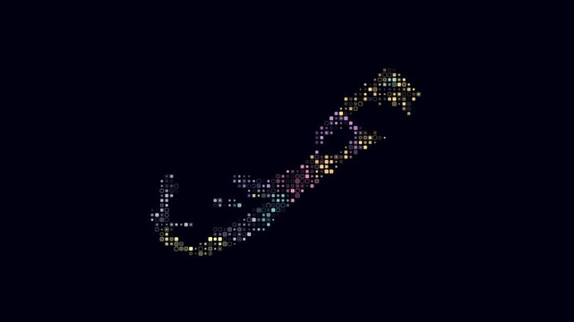 Bermuda dotted animation. Shape of the country build of pulsating colored dots. Small size rounded square blocks. Digital style map on dark background. Simple video.