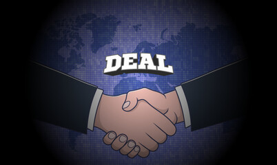 Vector dark banner. Male handshake and 3d inscription, deal. Pixel world map. Treaty and agreement. Political economic poster. Contract