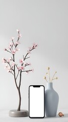Minimalist Zen Still Life with Pink Blossom Tree, Smartphone, and Pastel Decor in Soft Light