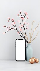 Minimalist Zen Still Life with Pink Blossom Tree, Smartphone, and Pastel Decor in Soft Light