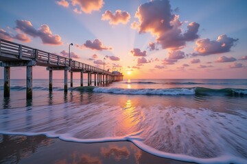 Obraz premium Vibrant sunrise paints the sky with pink and orange hues. Gentle waves caress the sandy beach, a pier with buildings stands in the calm sea.