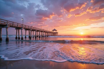 Fototapeta premium Vibrant sunrise paints the sky with pink and orange hues. Gentle waves caress the sandy beach, a pier with buildings stands in the calm sea.