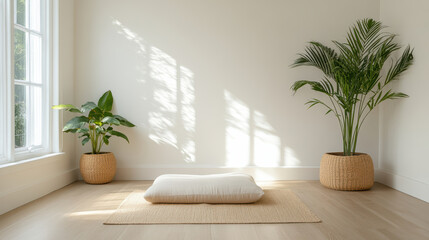 Serene meditation space featuring soft cushion on natural mat, surrounded by lush plants