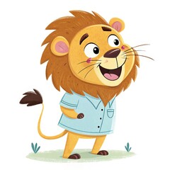 Cheerful Cartoon Lion in Blue Shirt Standing on Grassy Patch, Style