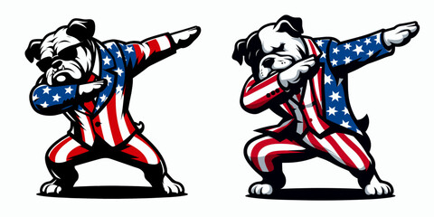 Bulldog Dog. Dabbing Independence Day 4th of July American Flag Patriotism Usa Funny Clipart Line Art Vector Illustration. Stout canine breed information lovable companion at home.