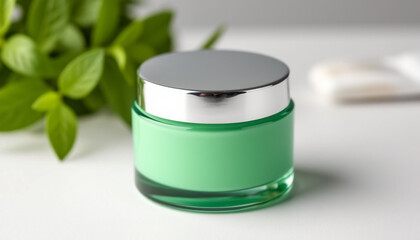 A jar of green cream from women's cosmetics.