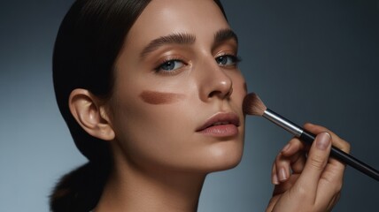 Fototapeta premium Young caucasian female applying makeup contour with brush