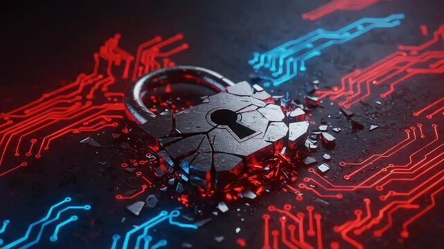 Digital lock breaking apart on a circuit board background, symbolizing cybersecurity threats