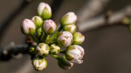 Close-up of budding pink and white cherry blossoms on branch in spring