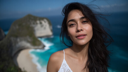 Beautiful girl on the background of tropical landscape.