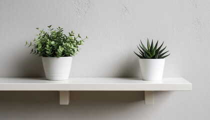 A minimalist decorative element is a shelf with a plant on the wall.