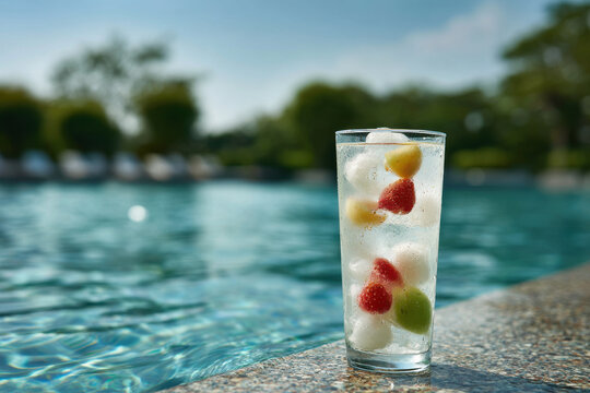 refreshing cocktail named tropical dream adorned with tropical fruits placed beside crystalclear swimming pool