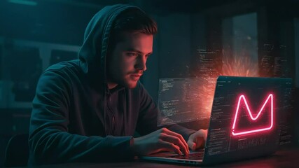Young man coding intensely on laptop in a dimly lit room with digital effects in background - Powered by Adobe