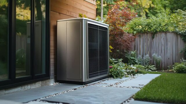 A skilled HVAC technician meticulously installs equipment in a tranquil backyard. camera slowly zooms in.