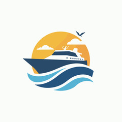 Flat vector illustration of cruise ship sailing over stylized waves with orange sunset and bird. Summer travel theme