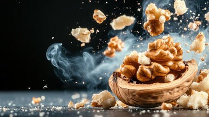 An explosive image showing walnuts bursting from their shells, with flying fragments and dust, capturing the energy and excitement of nature's surprise.