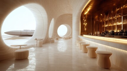 A stunning futuristic bar featuring fluid architecture and large circular windows, offering breathtaking views of a sleek spacecraft outside, evoking a sense of adventure and wonder.
