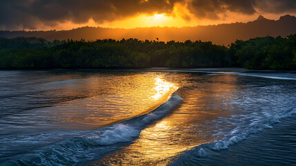 Golden light bathes the coastal landscape as the sun dips below the horizon, painting the sky with vibrant orange and red hues reflected on the tranquil sea and sandy beach