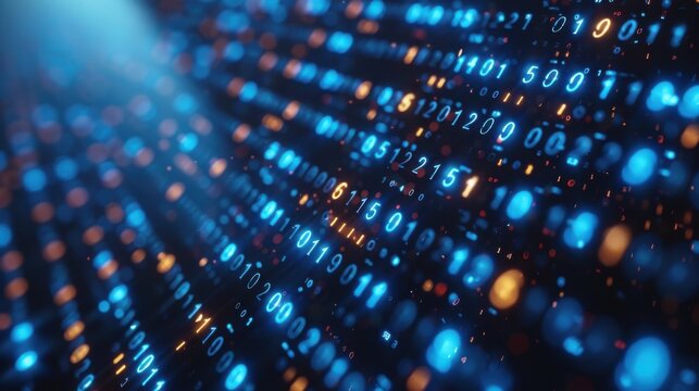 An intricate display of glowing binary numbers flows through a digital landscape, representing the essence of data processing and technology's impact on modern society.