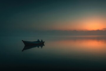 People Fishing in a Small Boat at Sunrise on a Calm Lake