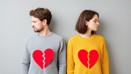 Sad couple with broken heart symbols for breakup or divorce concept
