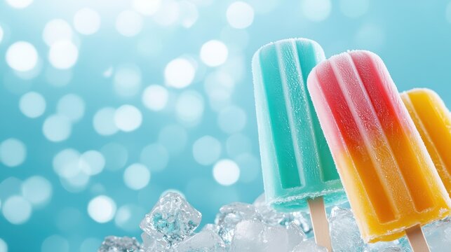 Bright and refreshing popsicles sit atop ice, perfect for cooling off on a hot summer day, surrounded by sparkling bokeh lights that add a whimsical touch. - Powered by Adobe