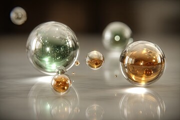 Floating, iridescent spheres on a light surface