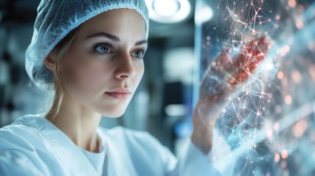 A focused scientist in protective gear studies complex data on a transparent screen, illustrating the blend of science and technology in a modern research environment. - Powered by Adobe
