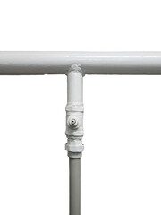 White painted metal pipe joint with valve is isolated.