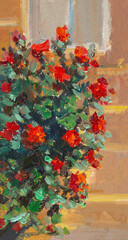Red rose bush oil painting. A bright flower bloomed in the garden. Creative hand-drawn illustration. An original artistic background for the design of postcards, notebooks, websites. Contemporary art