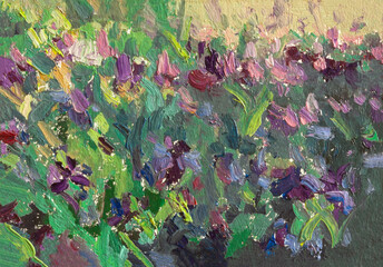 Lilac irises oil painting. Bright purple flowers bloomed in the garden. Modern Impressionist art. Summer flowers in the meadow. Horizontal hand-drawn illustration. Oil painting postcard for design