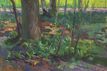 Green forest gouache painting. The author's original illustration. Sunny summer landscape. Modern Impressionism. Beautiful sun rays on the path among the trees. The concept of summer, warmth, travel.