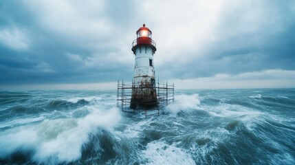 This dramatic image presents a resilient lighthouse braving harsh ocean waves, embodying strength, guidance, and the insignificance of man versus nature's fury.