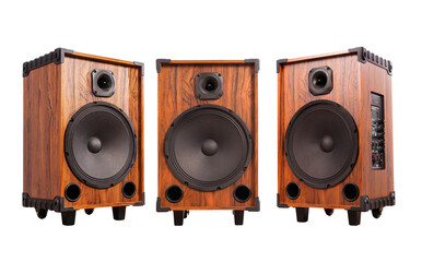 Three audio loudspeaker boxes isolated on white background. Brown portable speaker wooden box.