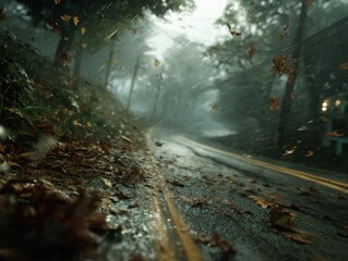 Rainy Autumn Road Dark And Moody Landscape With Falling Leaves