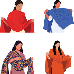 Traditional South Asian Women Wearing Colorful Dupatta Shawls Vector Illustration Set
