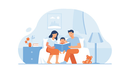 Fototapeta premium Family reading a book together in bed with a lamp and teddy bear in a light blue and orange illustration