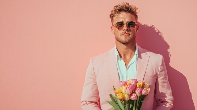 A confidently posed man in a light pink suit holds a bouquet of tulips, set against a vibrant pink wall, epitomizing style, masculinity, and modern aesthetics.